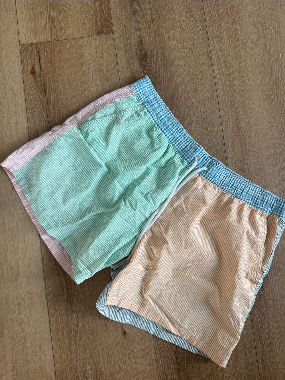 J. Crew Pastel Patchwork Seersucker Swim Trunks - Mint, Peach, Light Blue, Pink